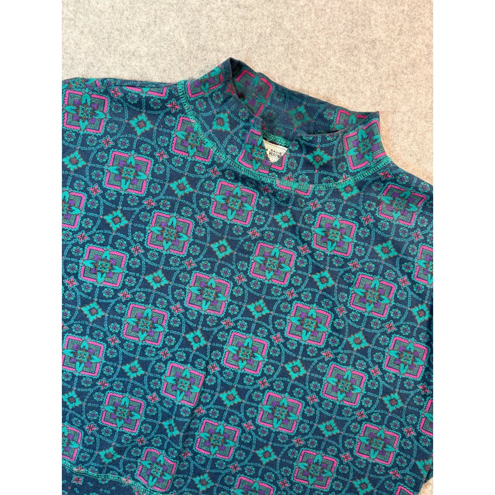 Vintage David Wayne Mock Neck Top Large Teal Magenta Geometric Floral Print Knit